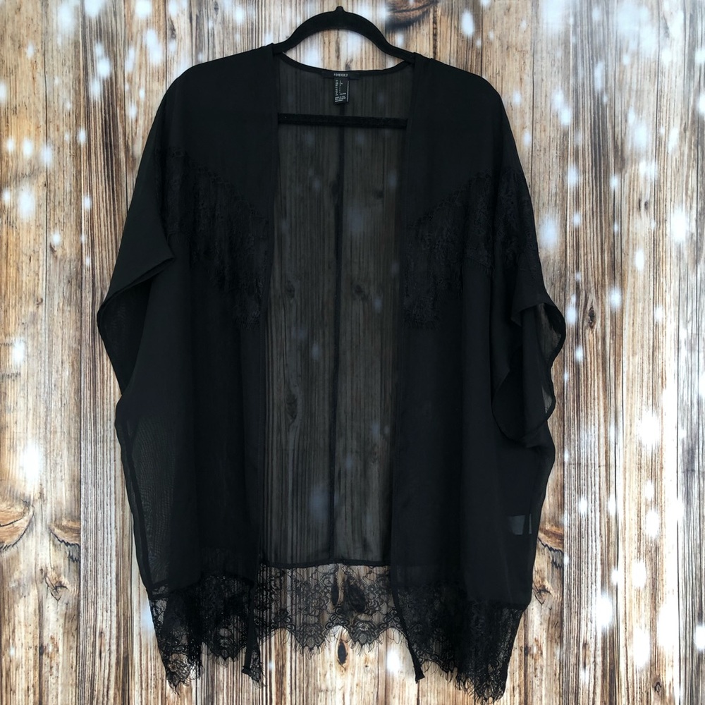Forever 21 Sheer Lace Black Cover-up Cardigan Size Large